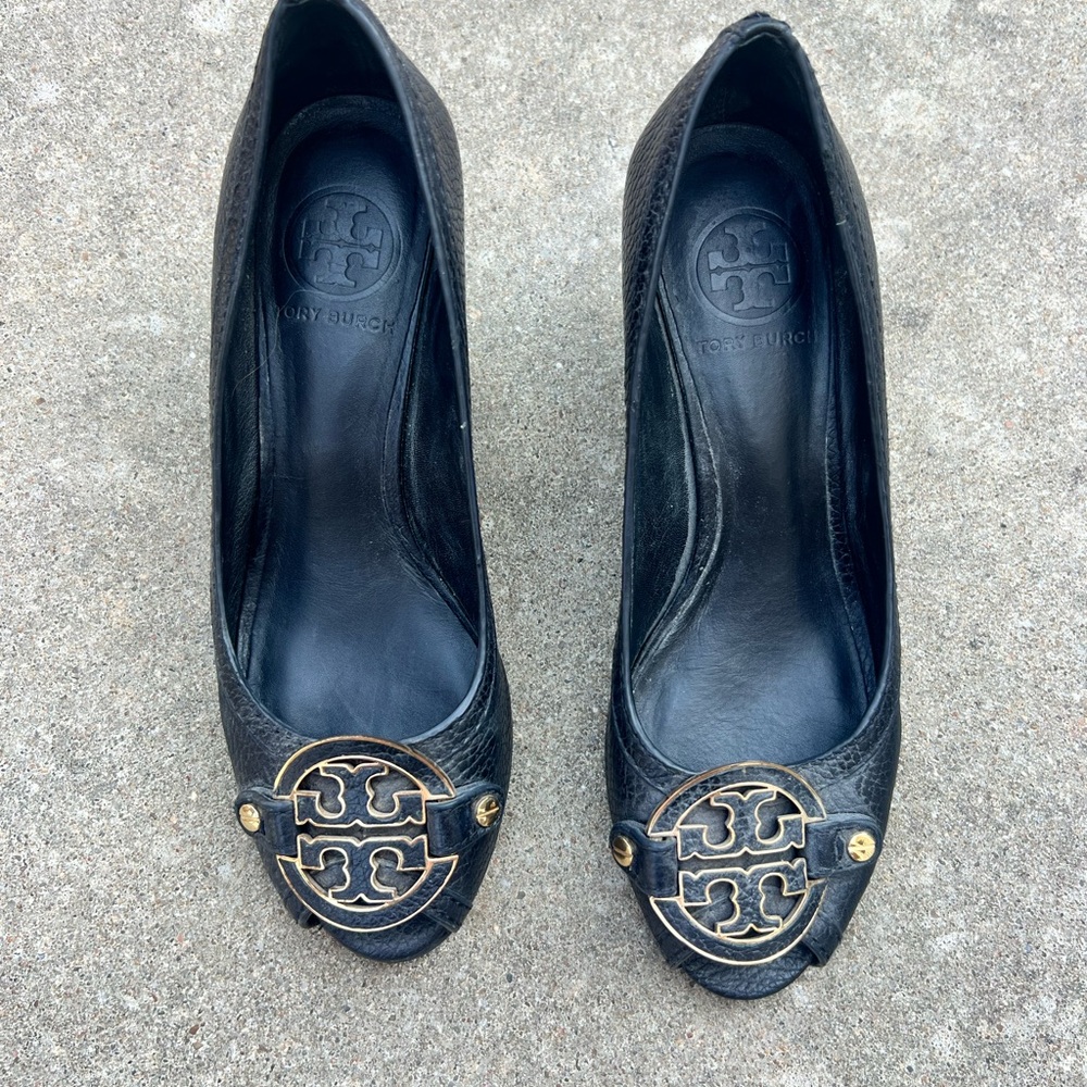 Tory Burch Black Leather Women's Low Peep Toe Wedges